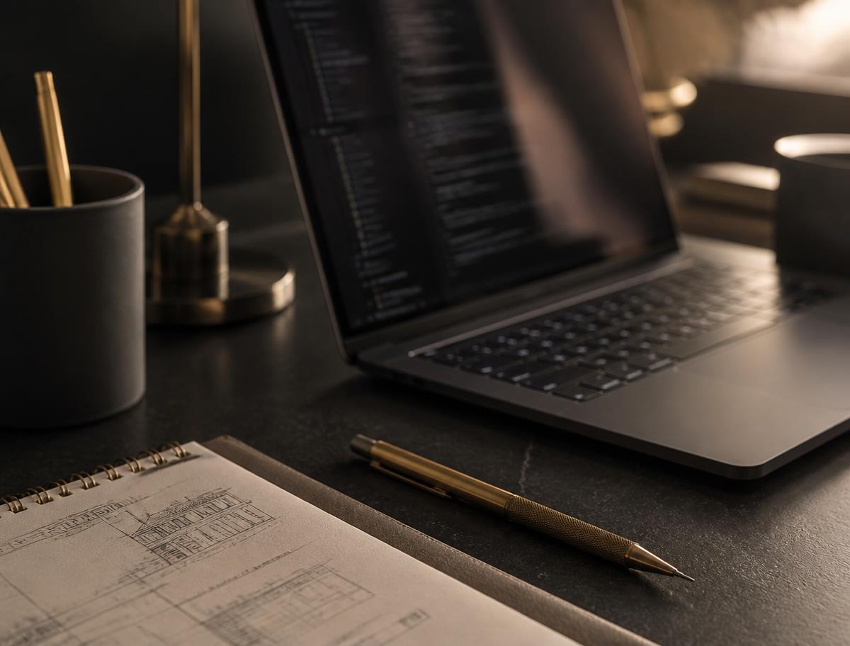 Dark desk with a laptop showing code beside a notebook of architecture sketches