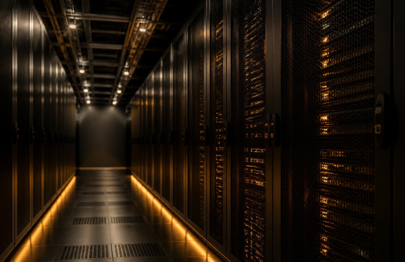 Dark data centre corridor lit with warm amber light along the server racks