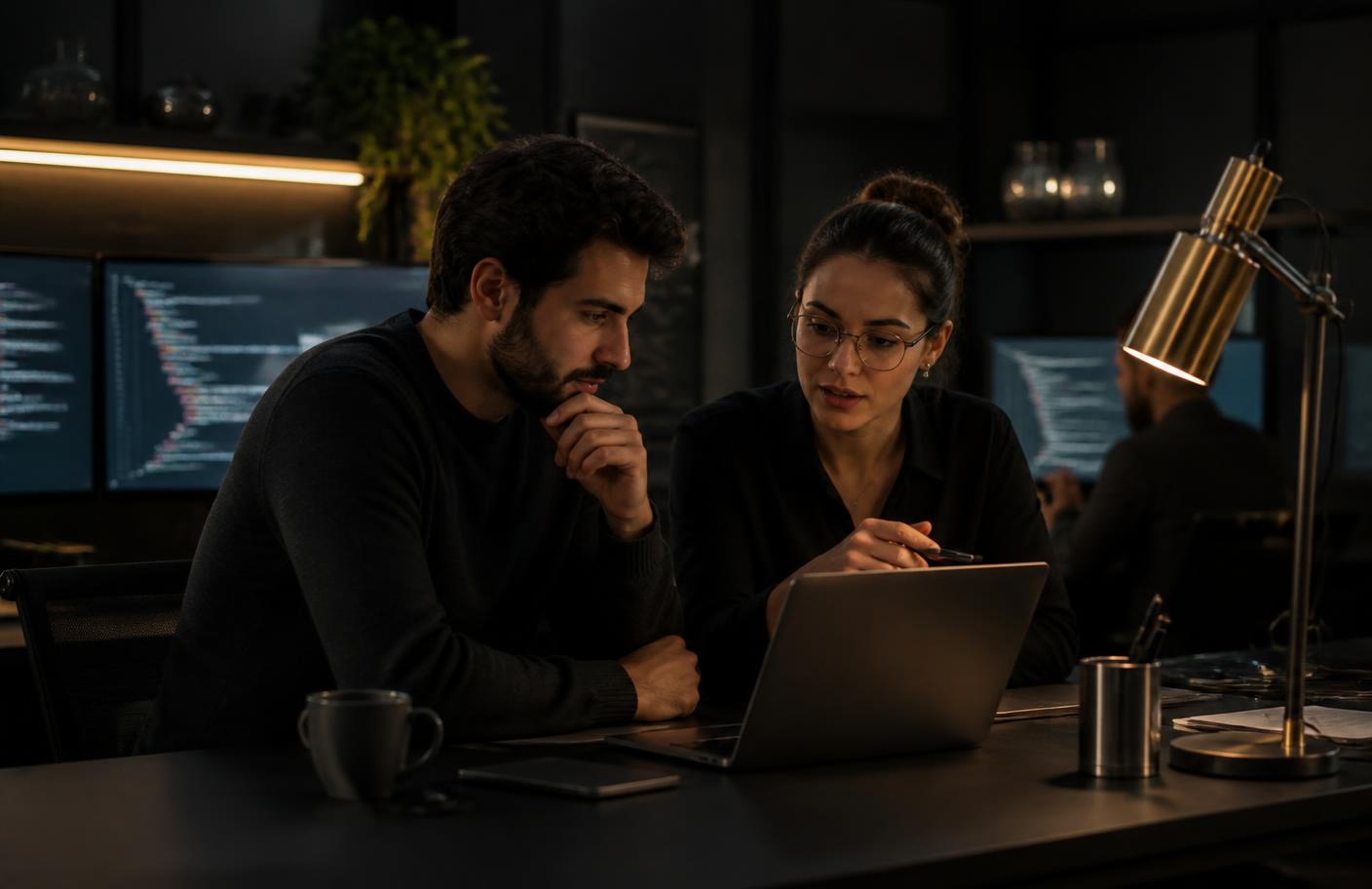 Two engineers reviewing work together at a dark desk lit by a brass lamp